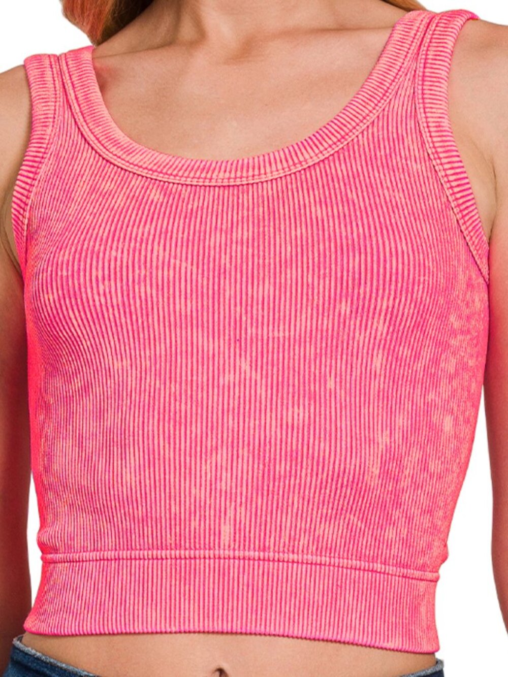 Washed Ribbed Cropped Seamless Scoop Neck Tank Top in Neon Coral Fuchsia